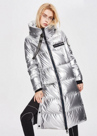 Bohemian Silvery Stand Krage Zip Up Side Öppen Duck Down Winter Förläng Kappor