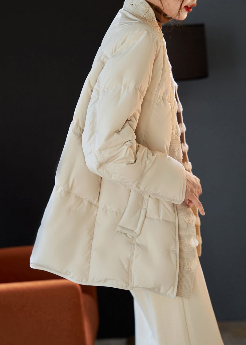 Boho Beige V-hals Patchwork Duck Down Puffers Jackor Vinter - Dunjackor för kvinnor