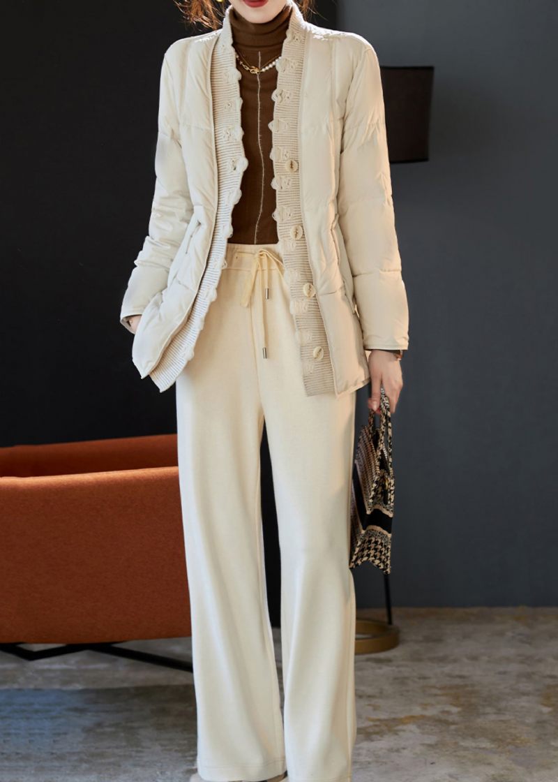 Boho Beige V-hals Patchwork Duck Down Puffers Jackor Vinter - Dunjackor för kvinnor