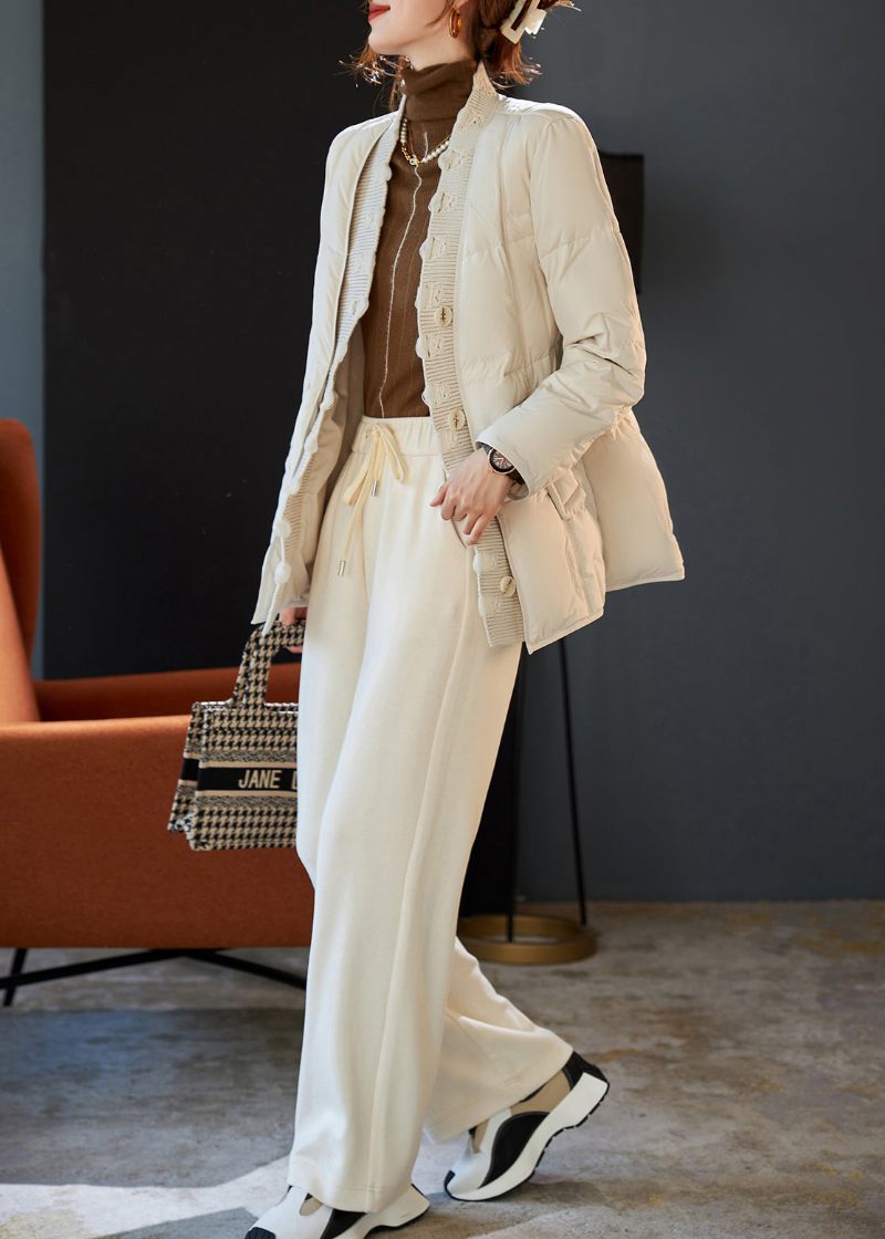 Boho Beige V-hals Patchwork Duck Down Puffers Jackor Vinter - Dunjackor för kvinnor