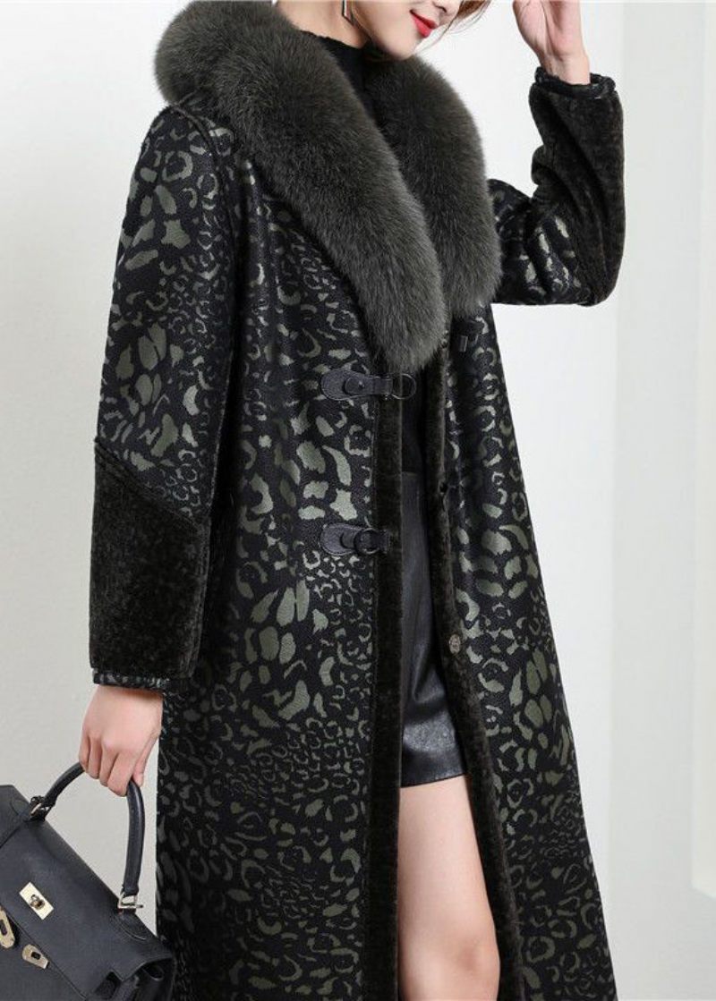 Boho Blakcish Green Fox Krage På Båda Sidor Cashmere Coat Ytterkläder Vinter