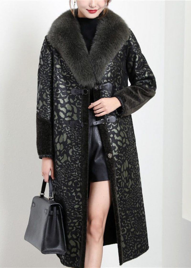 Boho Blakcish Green Fox Krage På Båda Sidor Cashmere Coat Ytterkläder Vinter - Vinterkappor för kvinnor
