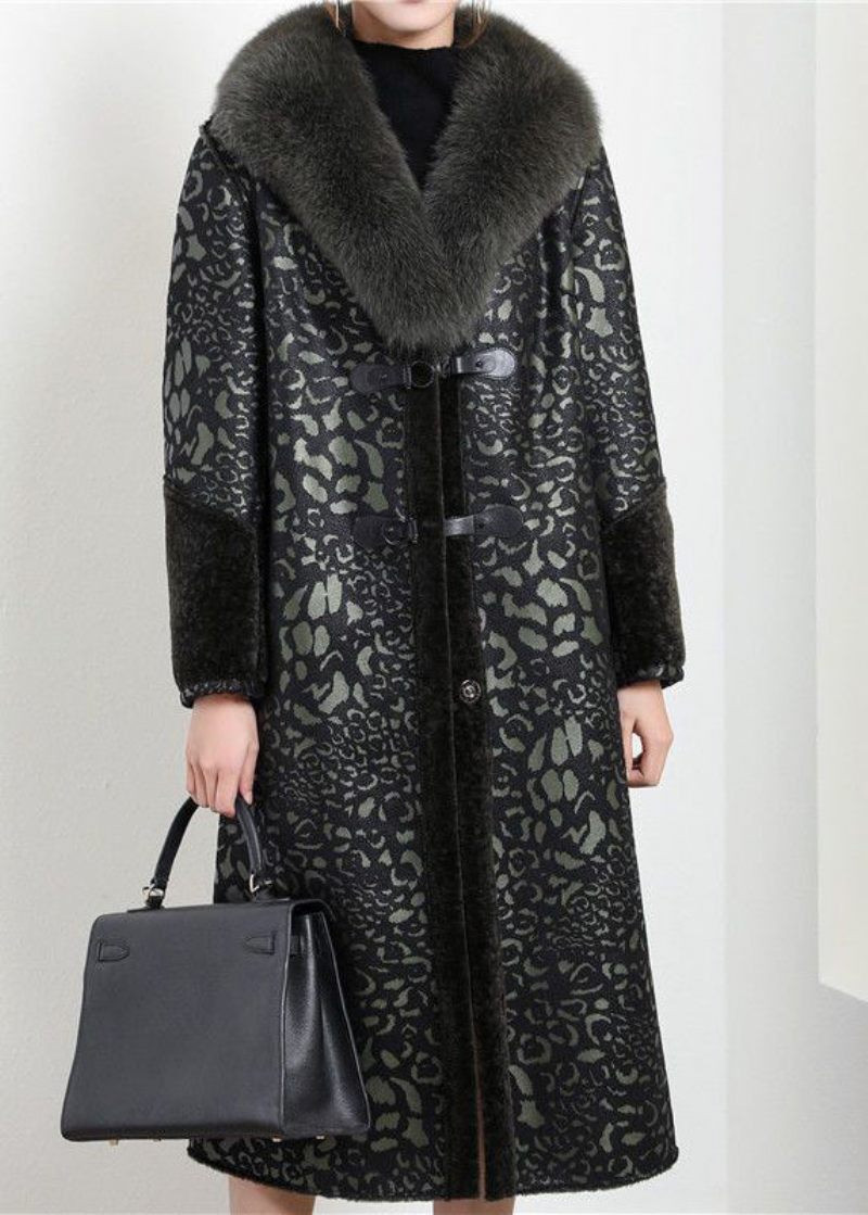 Boho Blakcish Green Fox Krage På Båda Sidor Cashmere Coat Ytterkläder Vinter - Vinterkappor för kvinnor