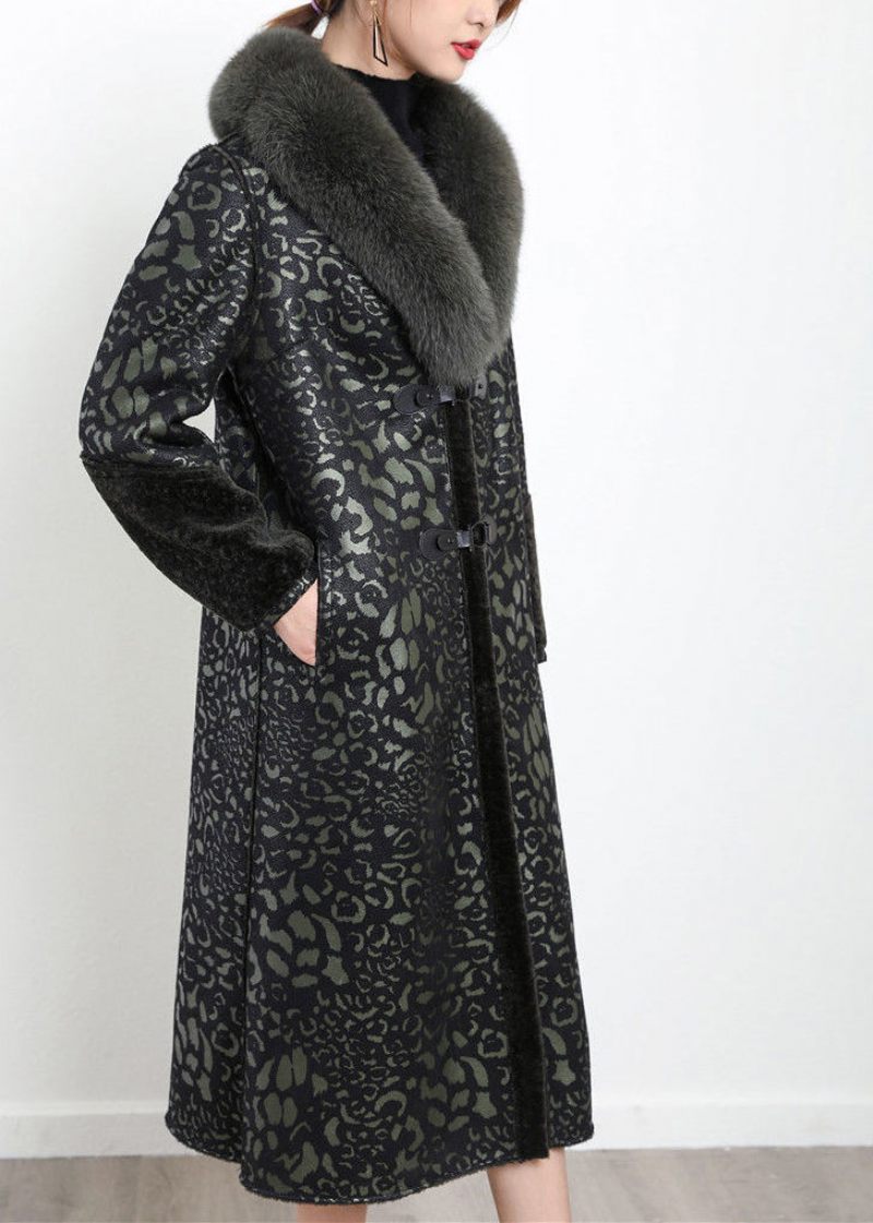 Boho Blakcish Green Fox Krage På Båda Sidor Cashmere Coat Ytterkläder Vinter - Vinterkappor för kvinnor