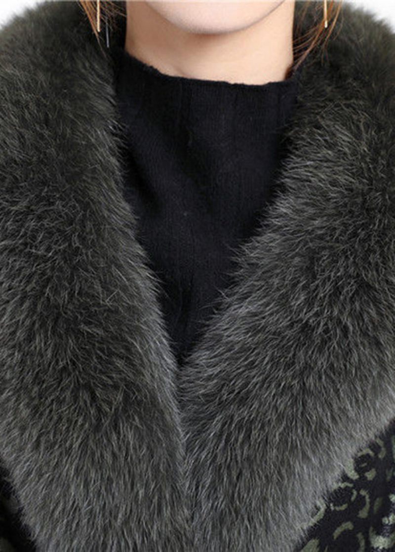 Boho Blakcish Green Fox Krage På Båda Sidor Cashmere Coat Ytterkläder Vinter - Vinterkappor för kvinnor
