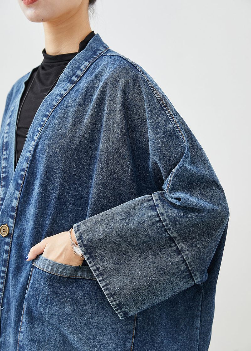 Boho Blue Oversized Fickor Denim Trench Coats Batwing Sleeve - Trenchcoats för kvinnor