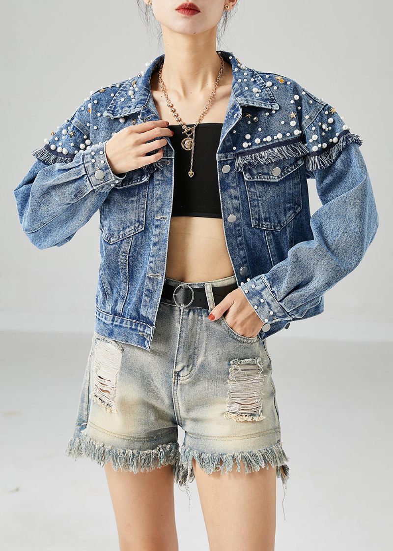 Boho Blue Oversized Patchwork Nail Bead Denim Coats Spring - Vinterkappor för kvinnor