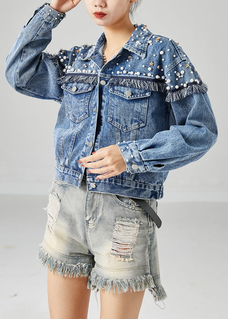 Boho Blue Oversized Patchwork Nail Bead Denim Coats Spring - Vinterkappor för kvinnor