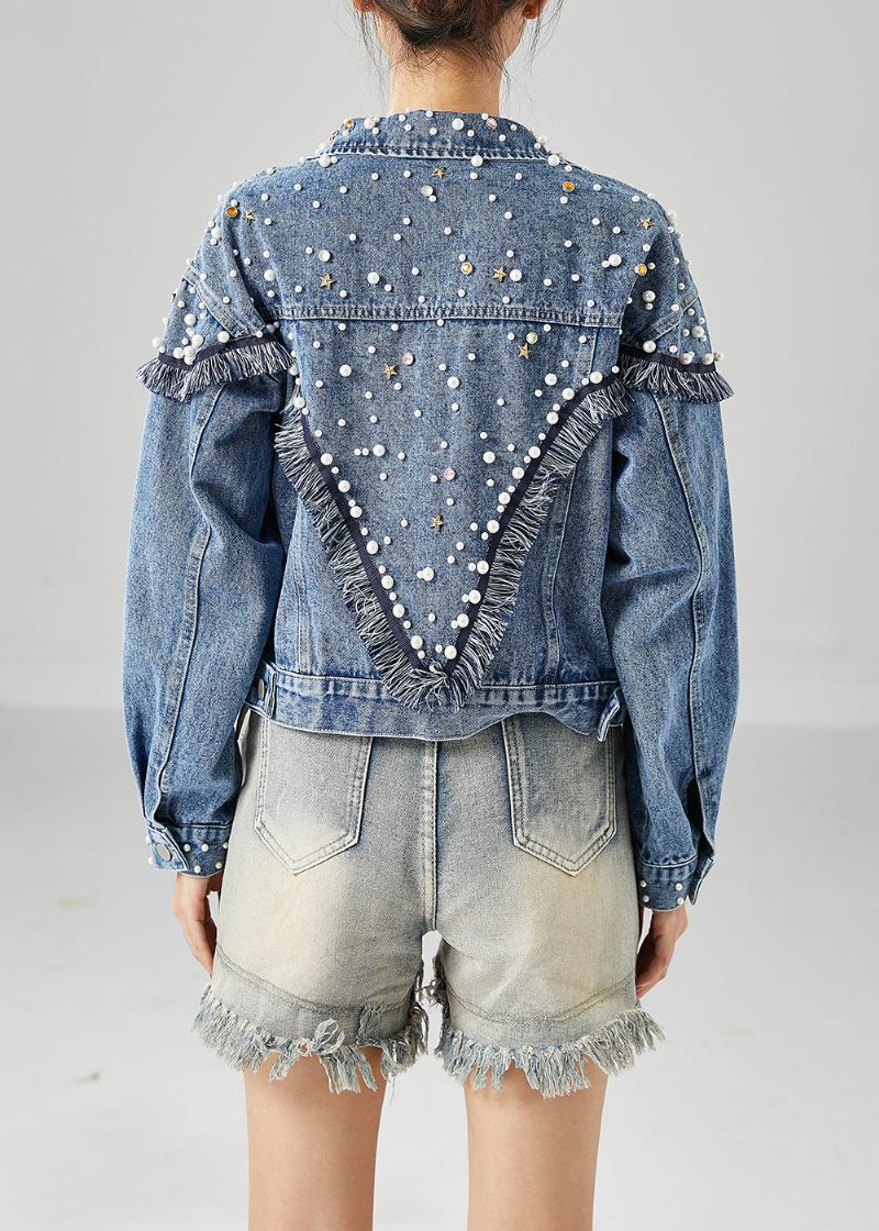 Boho Blue Oversized Patchwork Nail Bead Denim Coats Spring - Vinterkappor för kvinnor