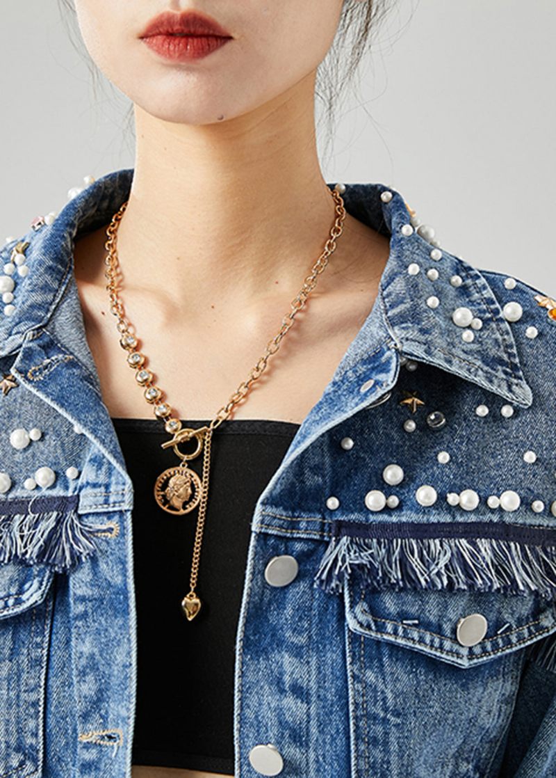 Boho Blue Oversized Patchwork Nail Bead Denim Coats Spring - Vinterkappor för kvinnor