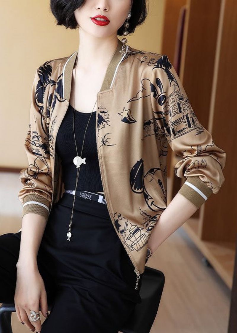 Boho Coffee Zippered Patchwork Print Silk Coats Spring - Vinterkappor för kvinnor