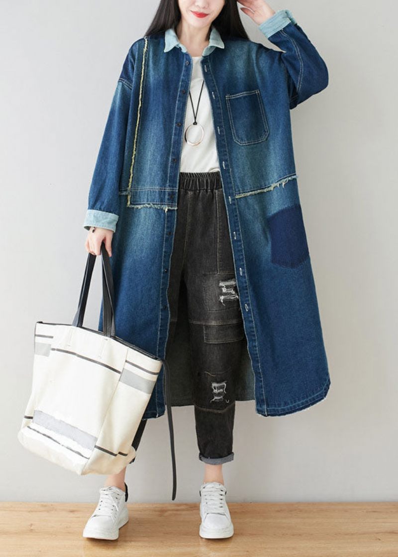 Boho Denim Blå Peter Pan Krage Patchwork Överdimensionerad Bomullsrenchfjäder - Trenchcoats för kvinnor