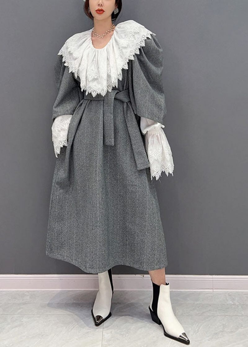 Boho Grå Oversized Ylle Cinch Klänning Två Delar Som Våren