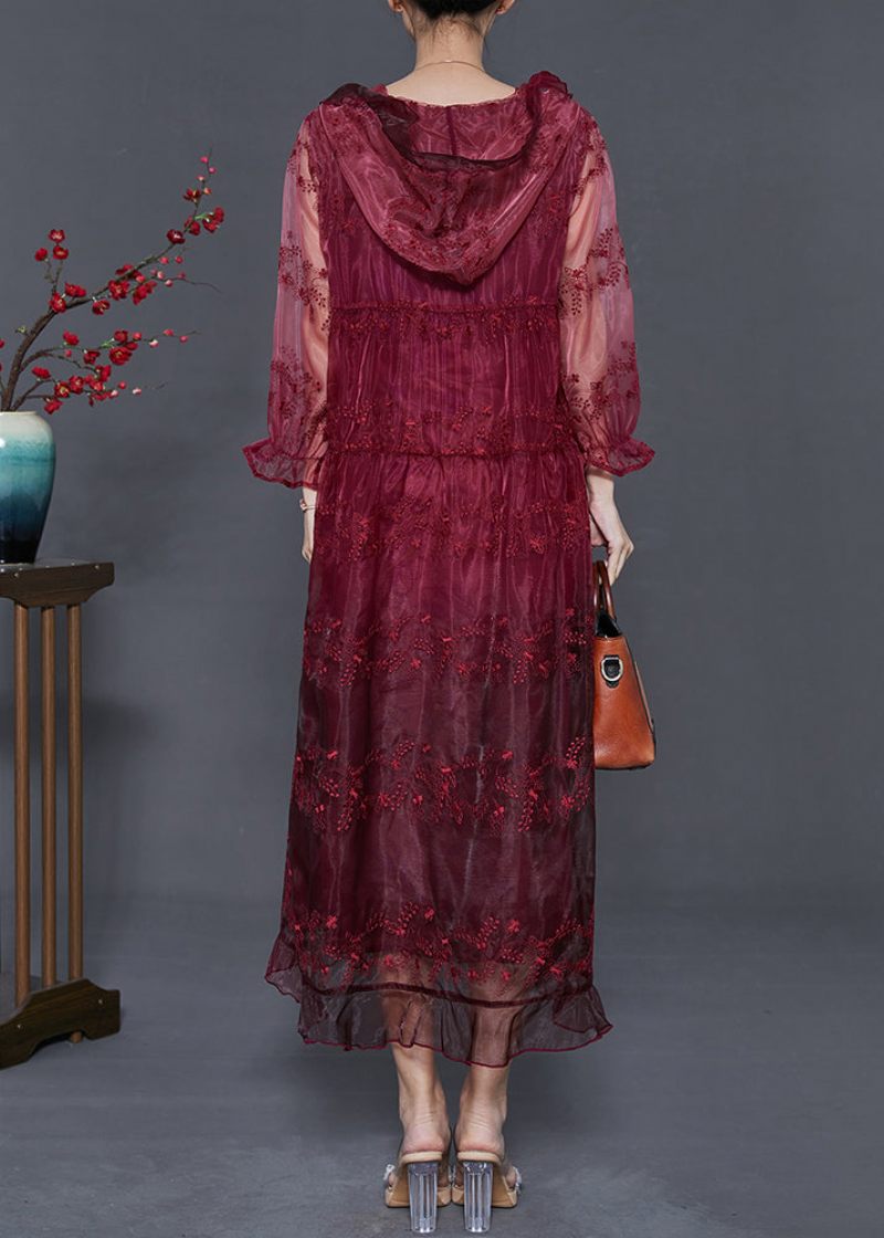 Boho Mulberry Broderad Organza Hooded Cardigan Summer - Koftor för kvinnor