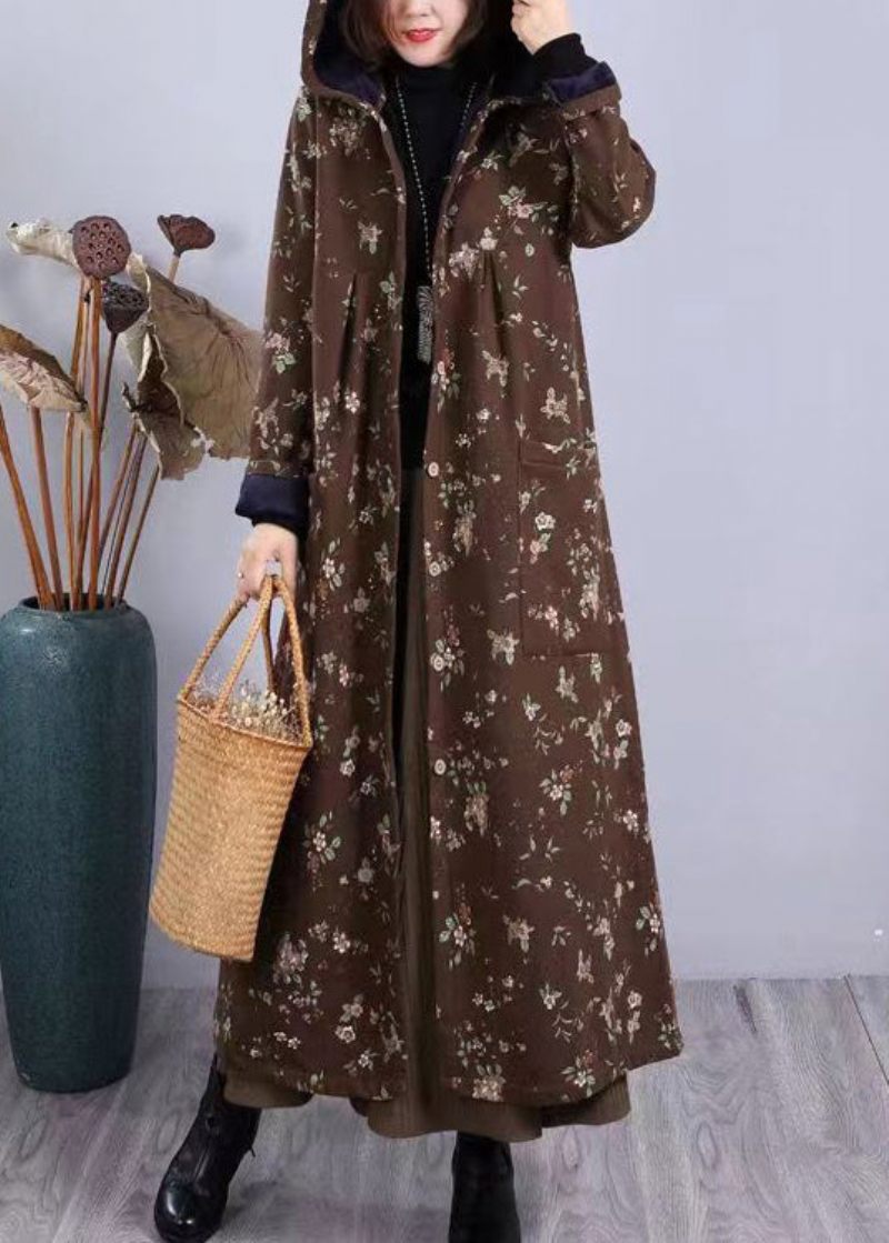 Boho Rödtryck Fickor Patchwork Varm Fleece Huvkappa Vinter - Vinterkappor för kvinnor