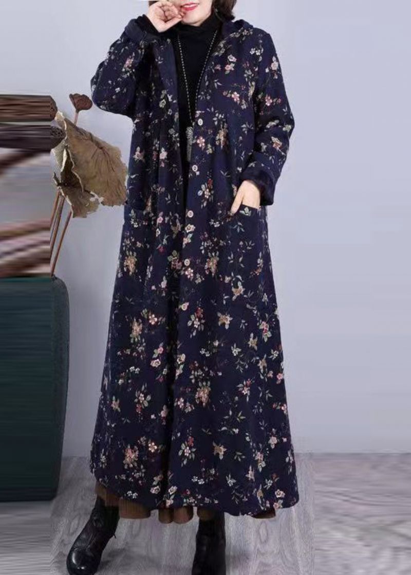 Boho Rödtryck Fickor Patchwork Varm Fleece Huvkappa Vinter - Vinterkappor för kvinnor