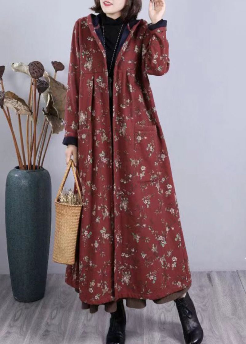 Boho Rödtryck Fickor Patchwork Varm Fleece Huvkappa Vinter - Vinterkappor för kvinnor