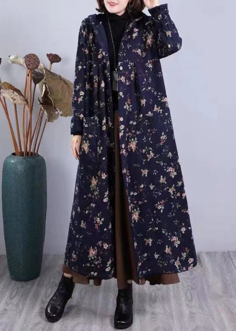 Boho Rödtryck Fickor Patchwork Varm Fleece Huvkappa Vinter - Vinterkappor för kvinnor