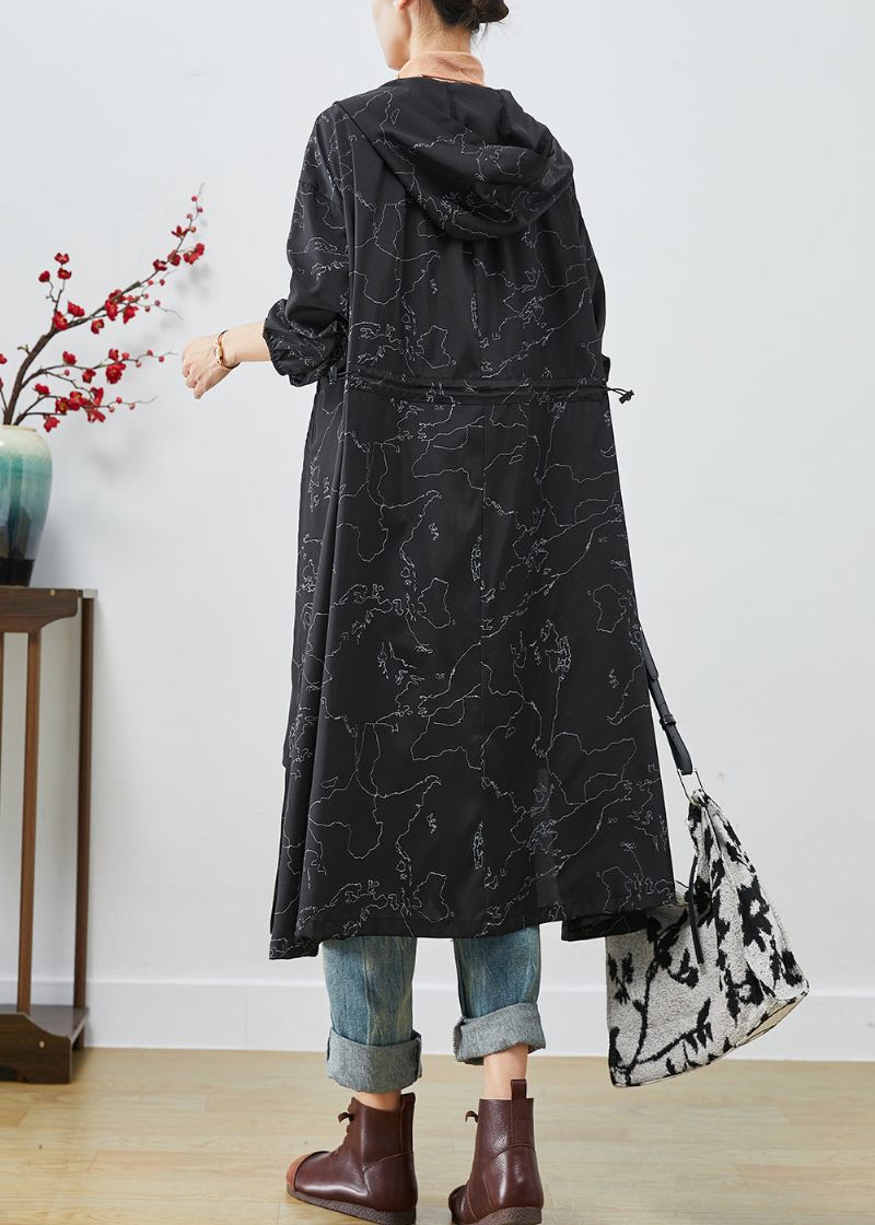 Boho Svart Asymmetriskt Tryck Dragsko Spandex Trench Coats Höst - Trenchcoats för kvinnor