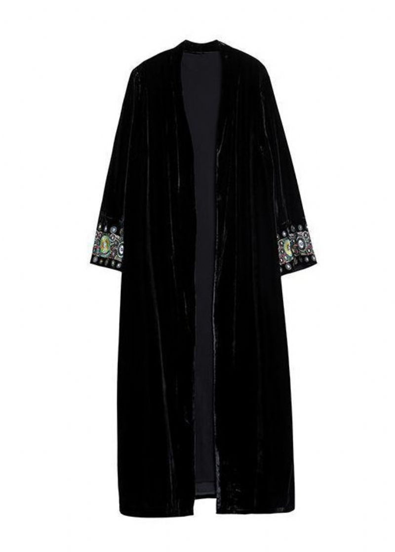 Boho Svart V-hals Broderad Patchwork Velour Cardigan Fall - Koftor för kvinnor