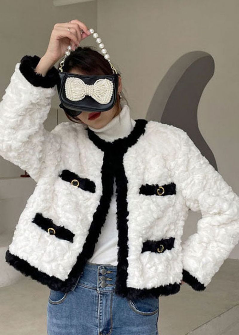 Boho White O-neck Tjocka Fuskpälsjackor Vinter - Vit