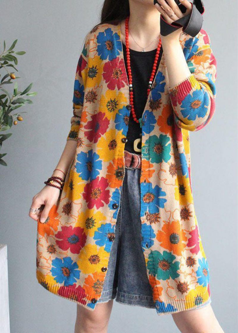 Boutique Aprikos V Neck Print Button Fall Stickad Cardigan Långärmad - Koftor för kvinnor