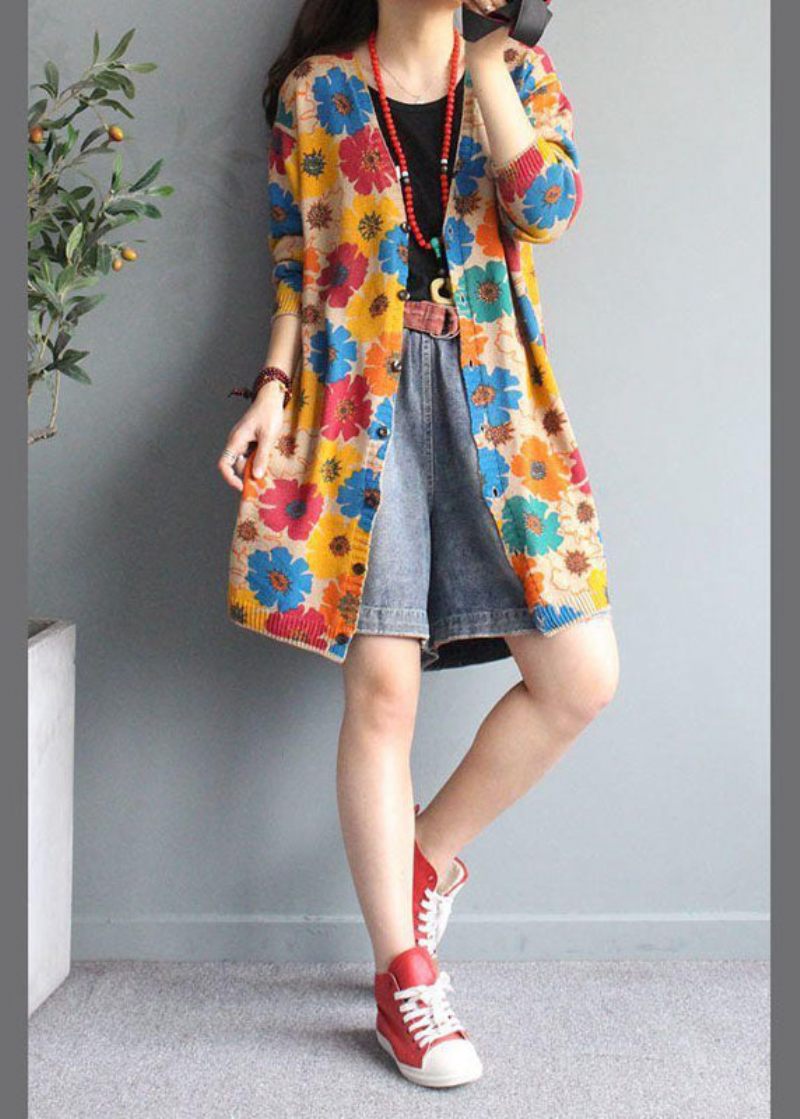 Boutique Aprikos V Neck Print Button Fall Stickad Cardigan Långärmad - Koftor för kvinnor