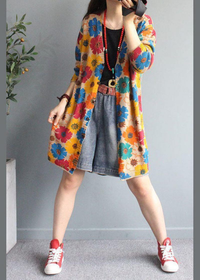 Boutique Aprikos V Neck Print Button Fall Stickad Cardigan Långärmad - Koftor för kvinnor