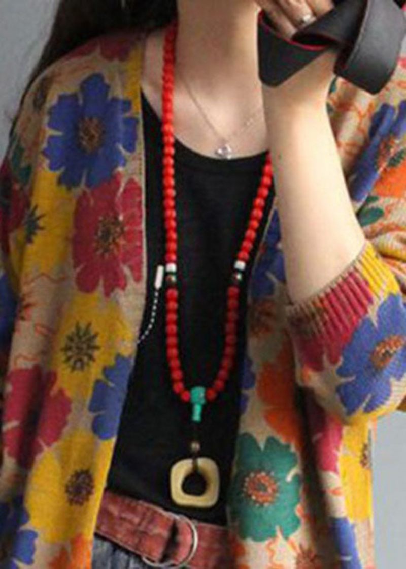 Boutique Aprikos V Neck Print Button Fall Stickad Cardigan Långärmad - Koftor för kvinnor