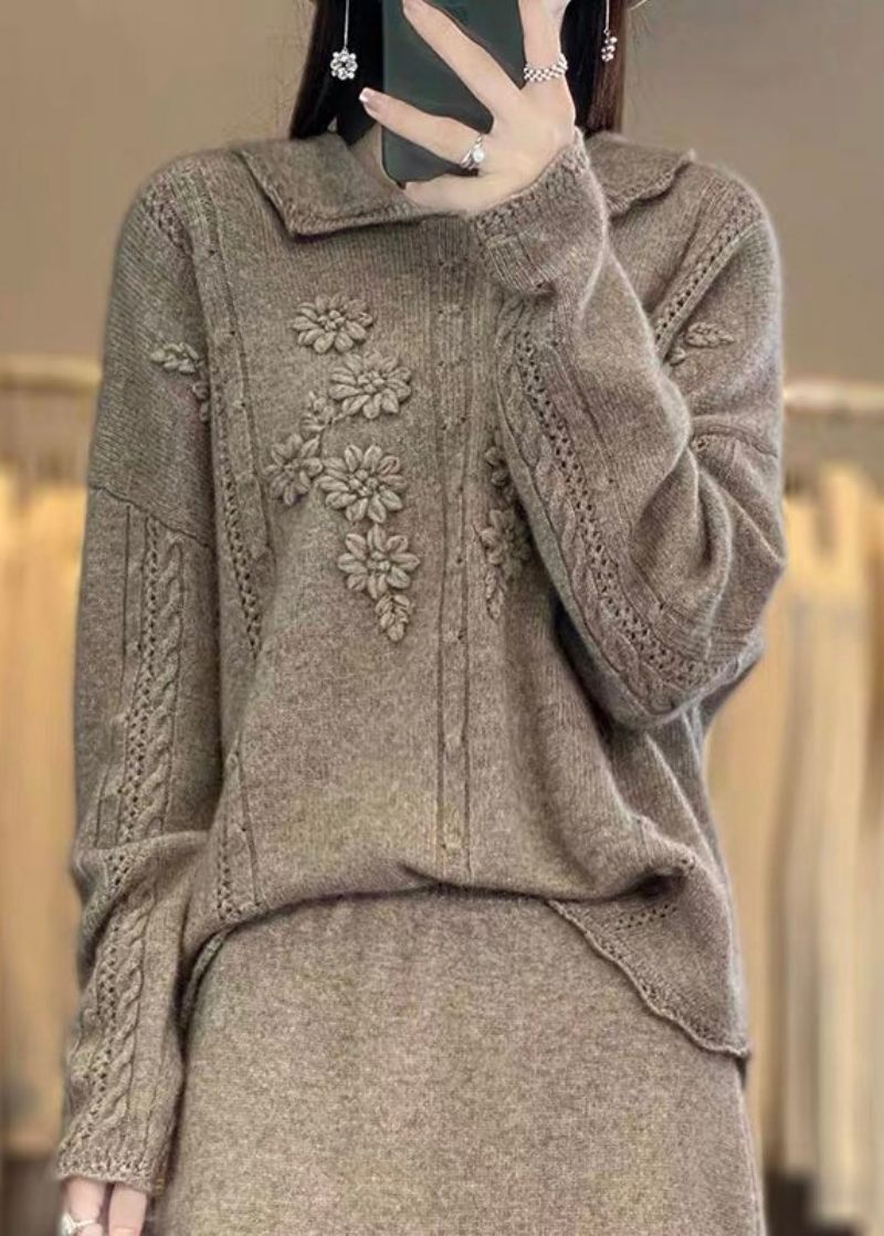 Boutique Beige Peter Pan Krage Volang Lapptäcke Blommig Ull Stickade Tröjor Våren - Beige