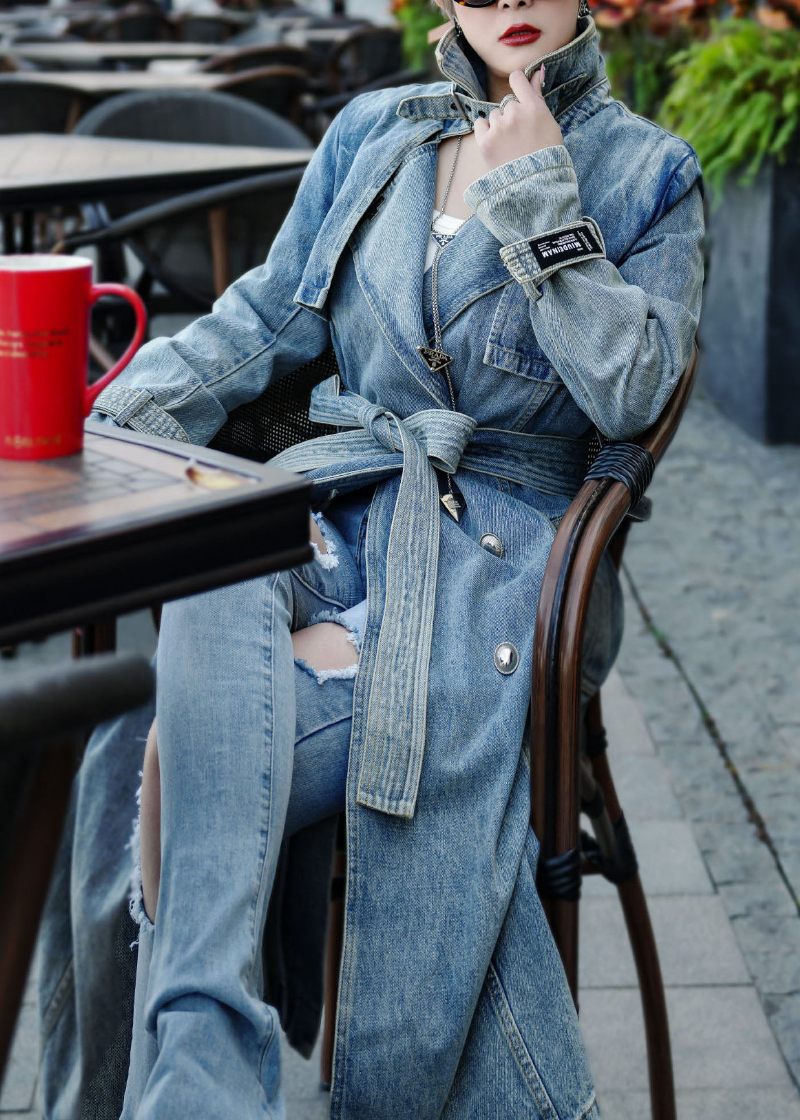 Boutique Blå Fickor Tie Midja Patchwork Denim Trench Fall - Trenchcoats för kvinnor