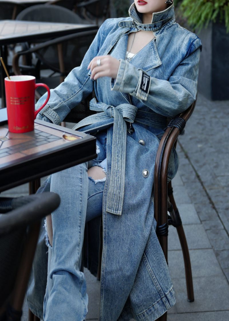 Boutique Blå Fickor Tie Midja Patchwork Denim Trench Fall - Trenchcoats för kvinnor