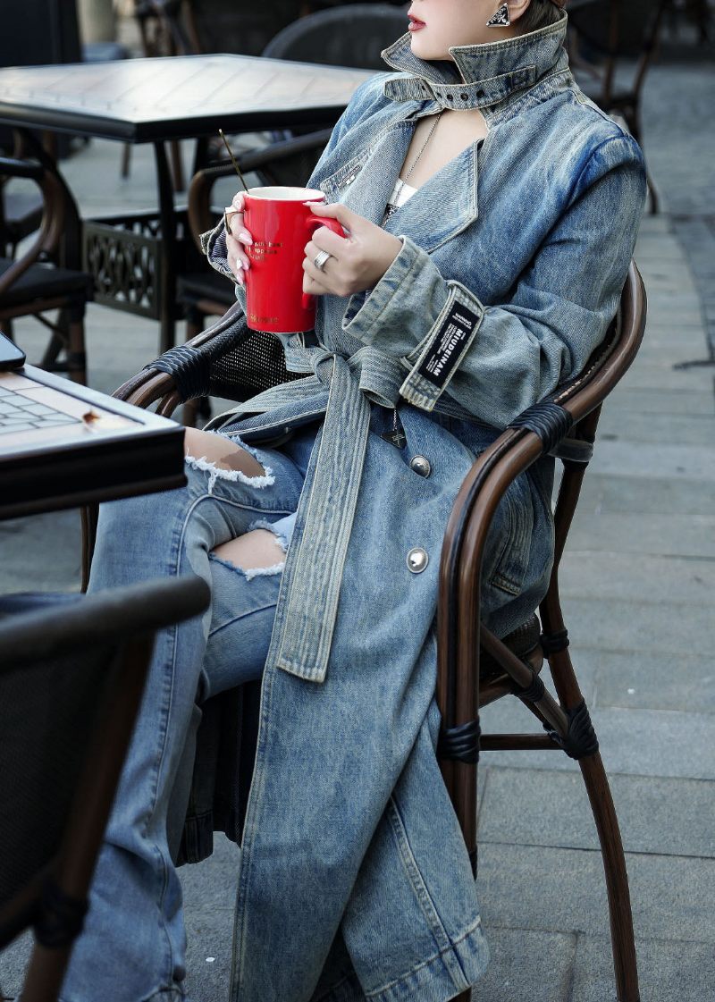 Boutique Blå Fickor Tie Midja Patchwork Denim Trench Fall - Trenchcoats för kvinnor