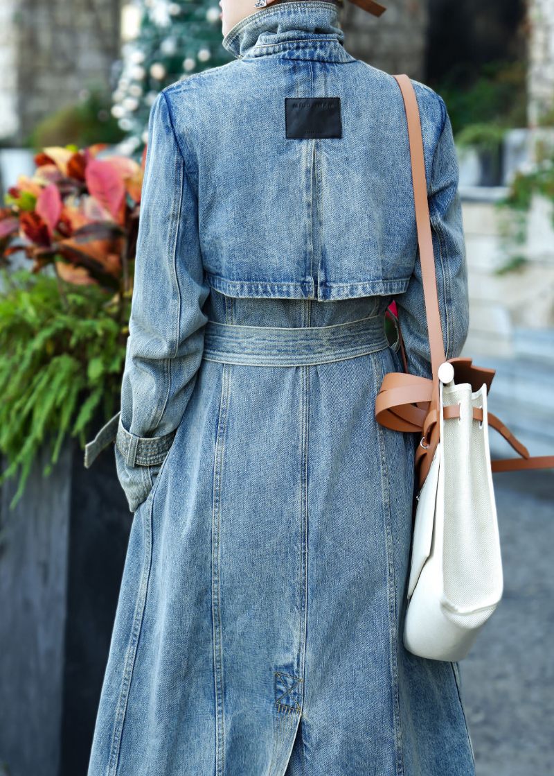 Boutique Blå Fickor Tie Midja Patchwork Denim Trench Fall - Trenchcoats för kvinnor