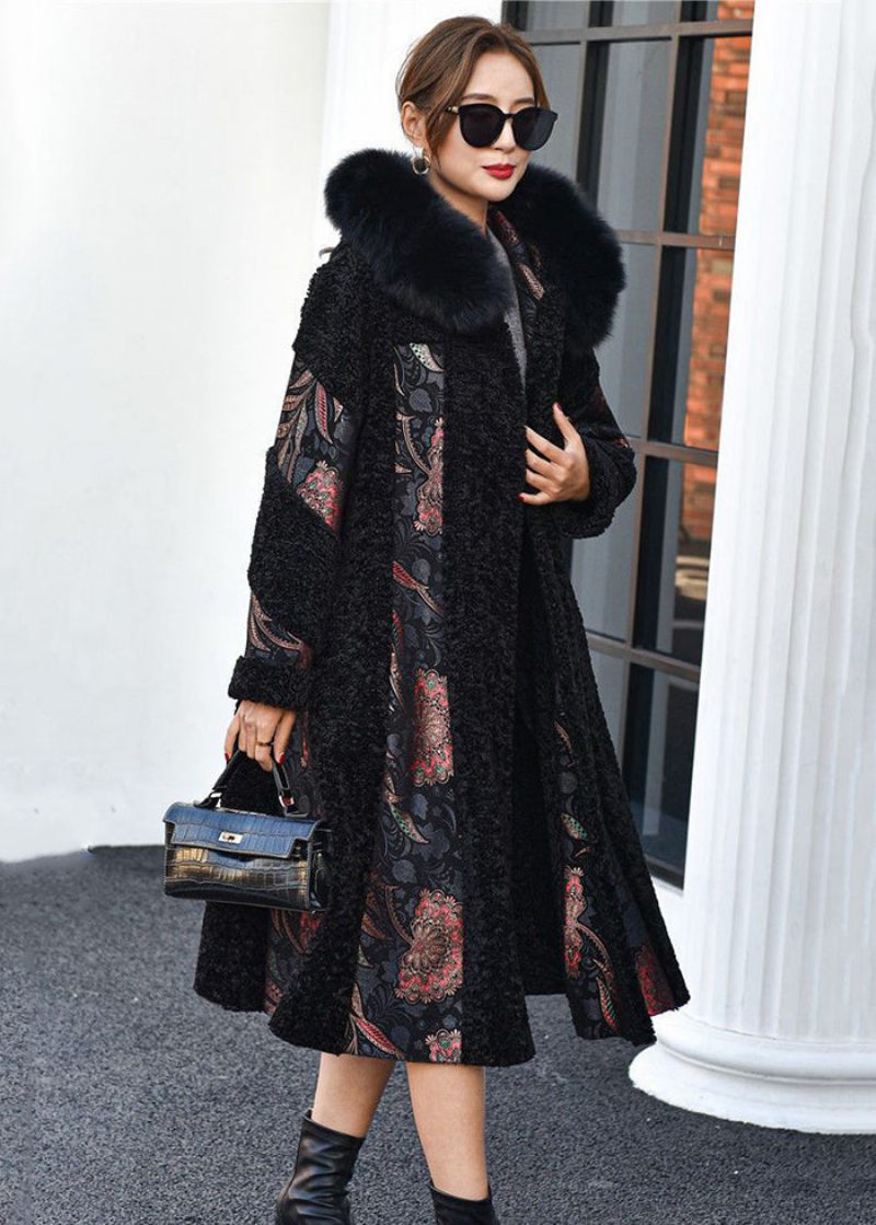 Boutique Black Fox Krage Patchwork Print Cashmere Jacka Vinter - Vinterkappor för kvinnor