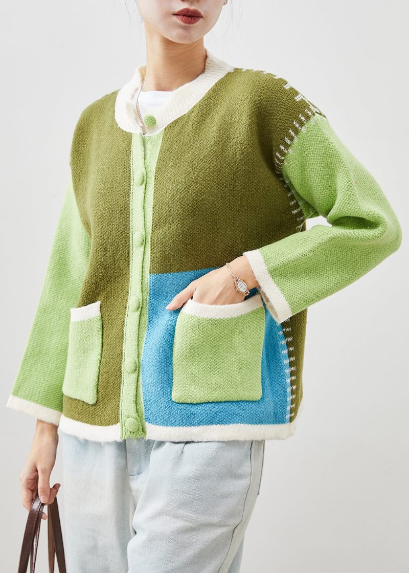 Boutique Grön Oversized Patchwork Knit Jackor Spring - Koftor för kvinnor