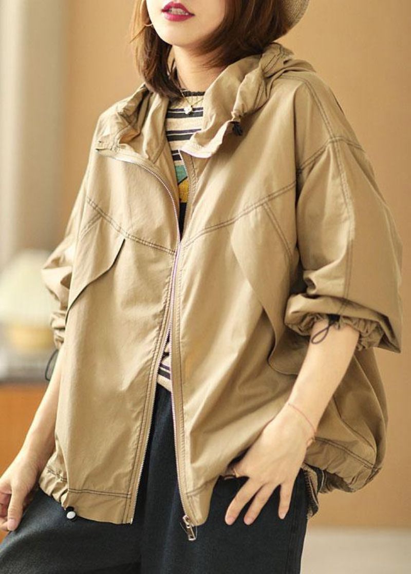 Boutique Khaki Lösa Fickor Fall Hoodie Coat Långärmad