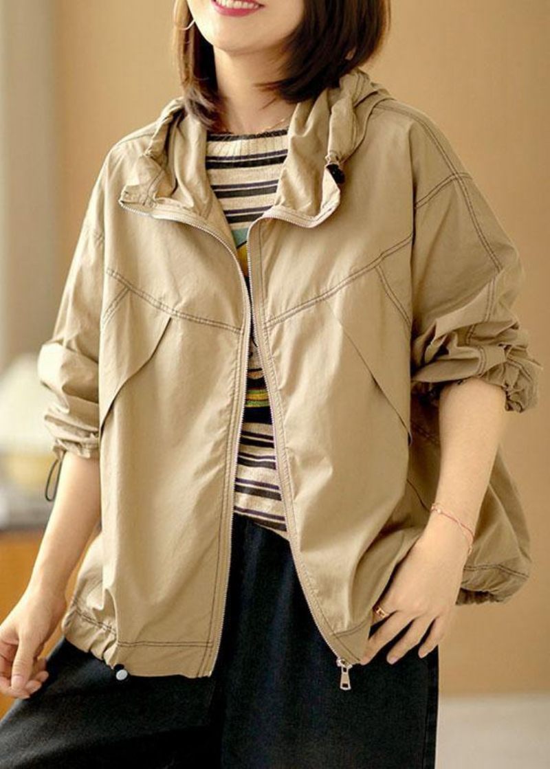 Boutique Khaki Lösa Fickor Fall Hoodie Coat Långärmad - Vinterkappor för kvinnor