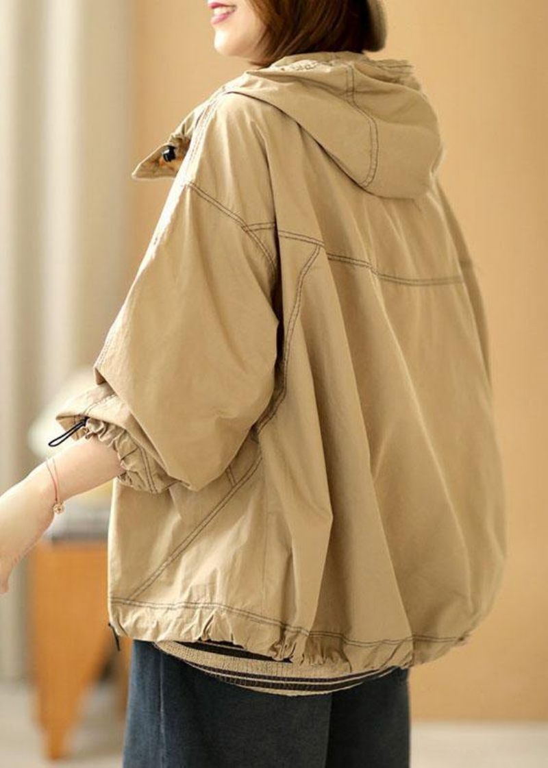 Boutique Khaki Lösa Fickor Fall Hoodie Coat Långärmad - Vinterkappor för kvinnor