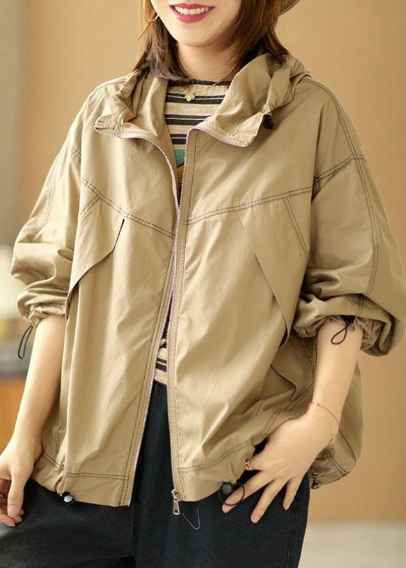 Boutique Khaki Lösa Fickor Fall Hoodie Coat Långärmad - Vinterkappor för kvinnor