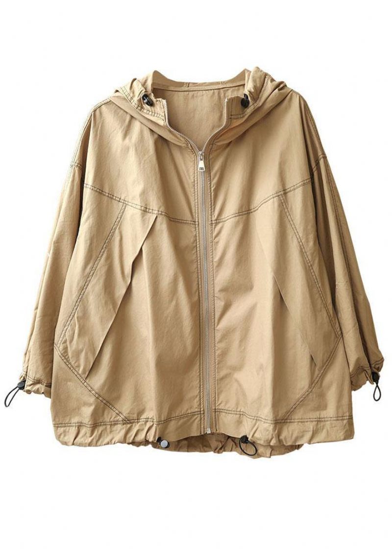 Boutique Khaki Lösa Fickor Fall Hoodie Coat Långärmad - Vinterkappor för kvinnor