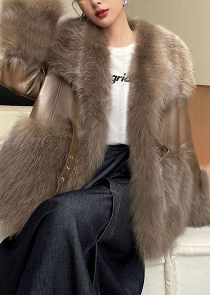 Boutique Khaki Peter Pan Krage Patchwork Fuzzy Fur Fluffy Coat Vinter - Vinterkappor för kvinnor