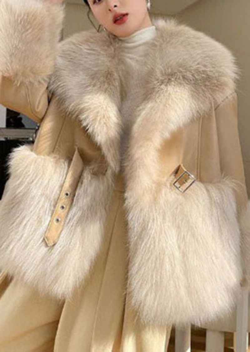 Boutique Khaki Peter Pan Krage Patchwork Fuzzy Fur Fluffy Coat Vinter - Vinterkappor för kvinnor