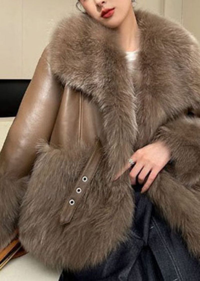 Boutique Khaki Peter Pan Krage Patchwork Fuzzy Fur Fluffy Coat Vinter - Vinterkappor för kvinnor