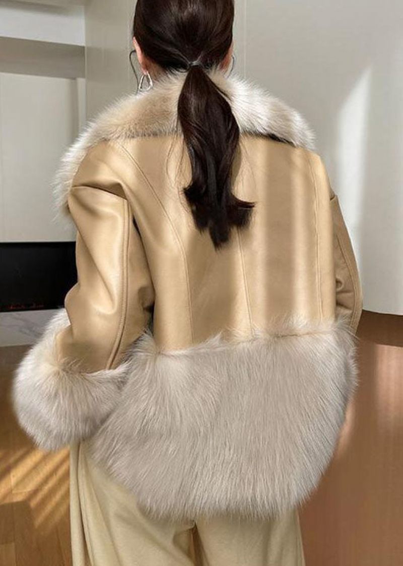 Boutique Khaki Peter Pan Krage Patchwork Fuzzy Fur Fluffy Coat Vinter - Vinterkappor för kvinnor