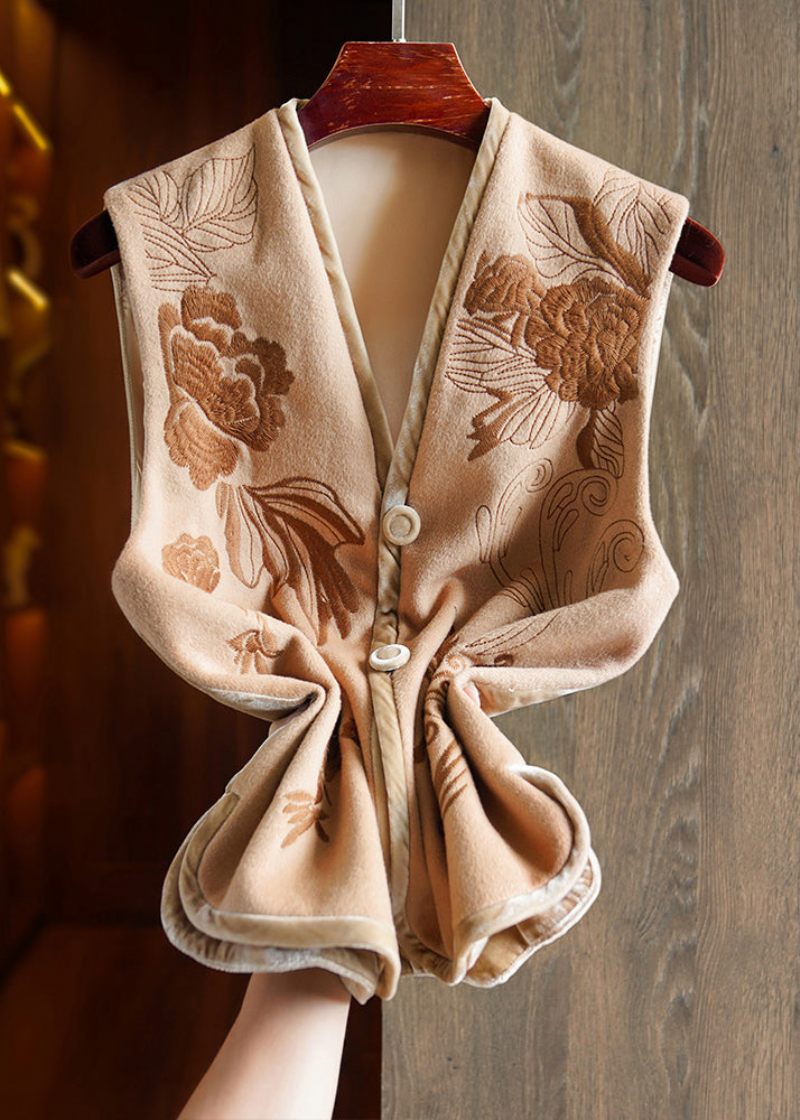 Boutique Khaki V-hals Broderad Patchwork Ylleväst Ärmlös - Ullrockar för kvinnor