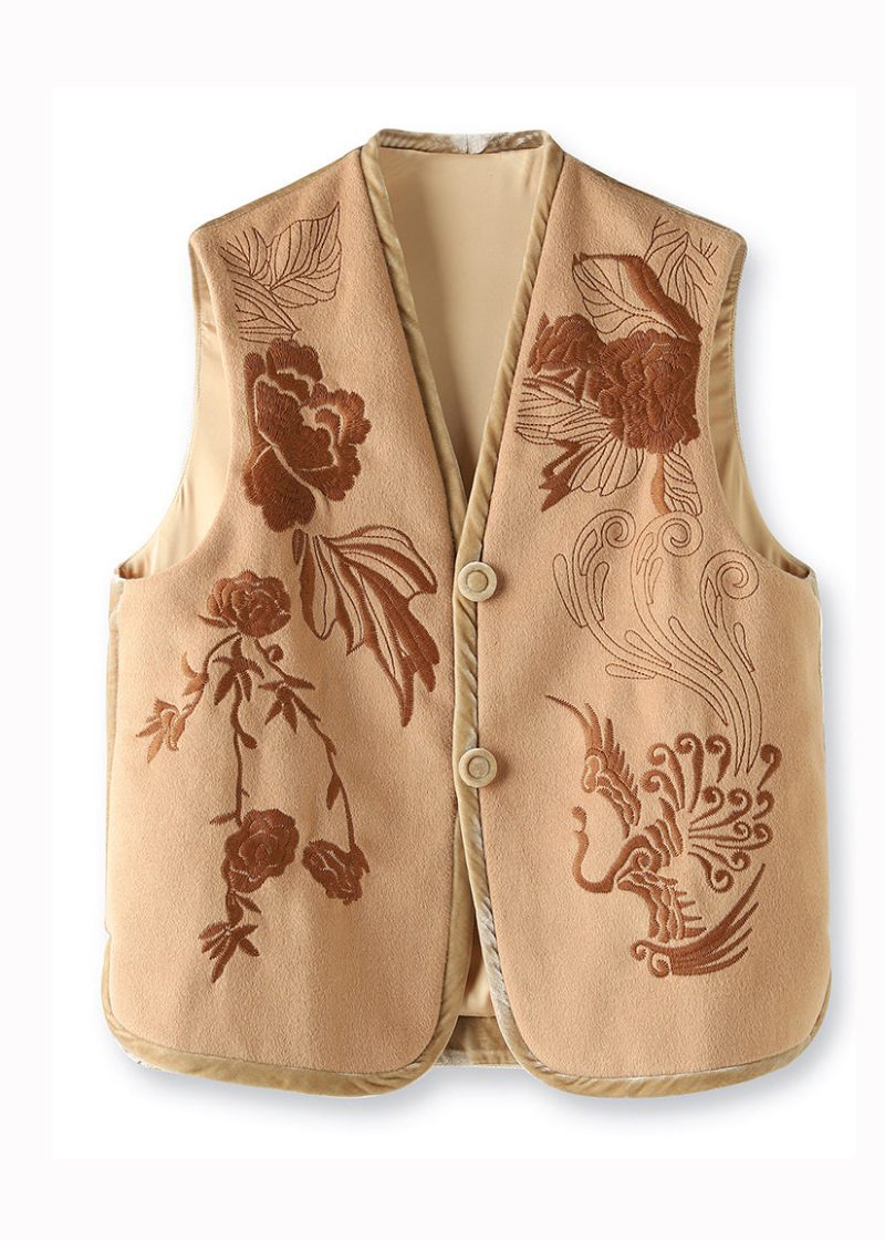 Boutique Khaki V-hals Broderad Patchwork Ylleväst Ärmlös - Ullrockar för kvinnor
