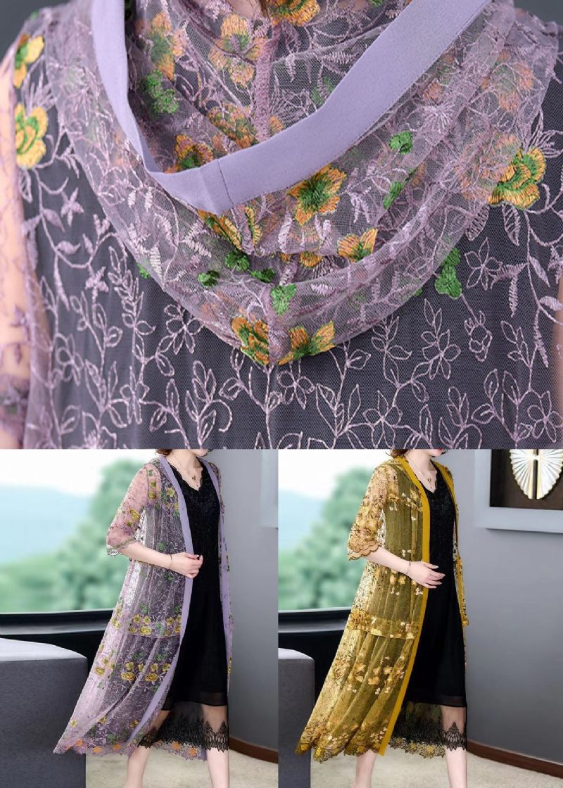 Boutique Lila Hooded Broderade Patchwork Tulle Cardigans Sommar - Koftor för kvinnor