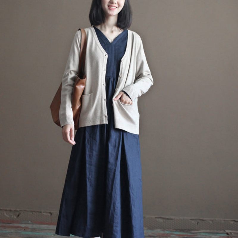 Boutique Naken Mysig Tröja Löst Sittande Stickade Blusar Ny V-ringad Höstblus Cardigan - Naken