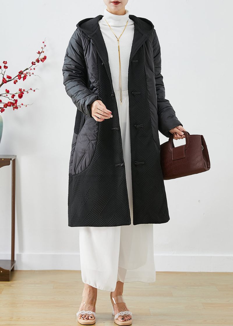 Boutique Svart Hooded Patchwork Kinesisk Button Fin Bomullsfylld Jacka På Vintern